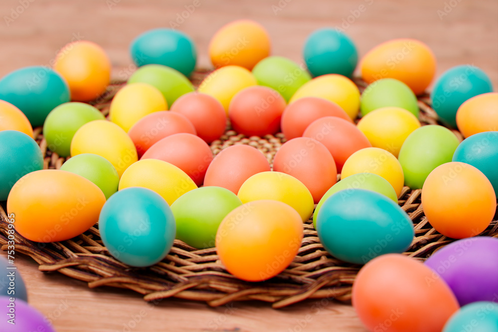 Assorted Hand-Painted Easter Eggs Nestled in a Woven Basket Assorted Hand-Painted Easter Eggs Nestled in a Woven Basket