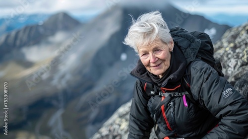 Elderly woman smiling on mountain summit