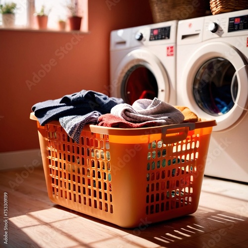 Laundry basket, clothes for wash, with washing machine in background