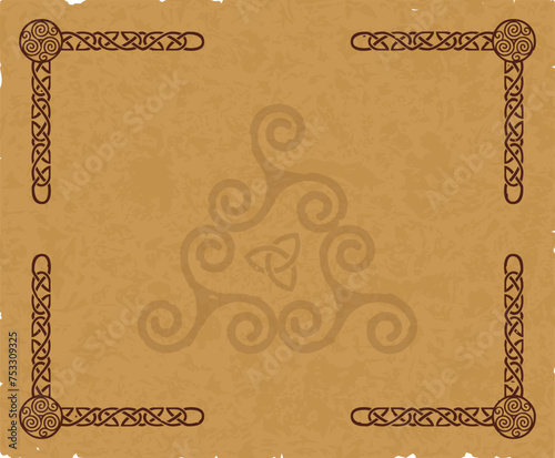 Celtic Parchment Background with Triskele and Triquetra