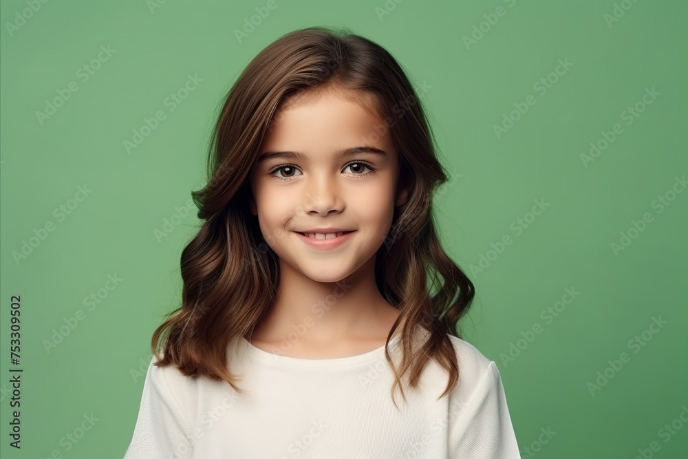 Portrait of a smiling little girl with long hair over green background Portrait of a smiling little girl with long hair over green background
