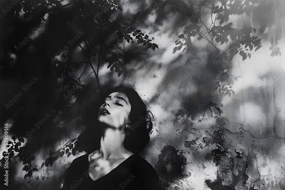 Photographie en double exposition en noir et blanc avec femme adossée a un mur
