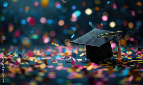 celebratory graduation cap with confetti explosion on a dark backdrop