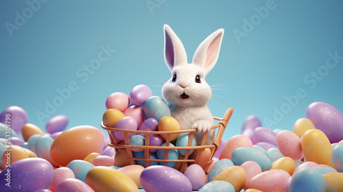 Adorable Easter Bunny with a Basket of Colorful Eggs on Blue Background 