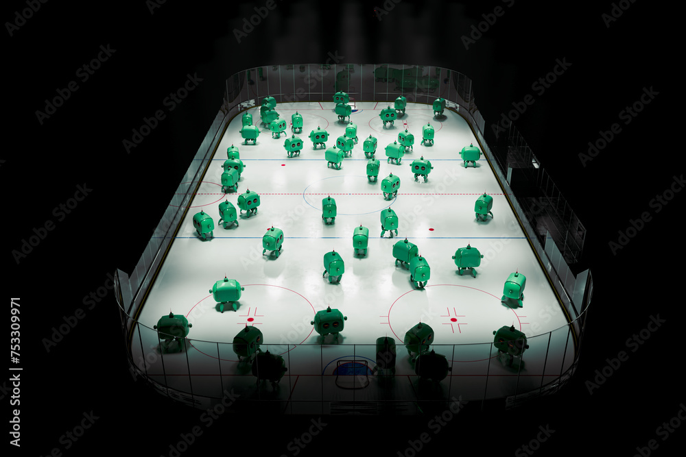 Automated Green Robot Figures Arranged on a Dimly Lit Ice Hockey Rink