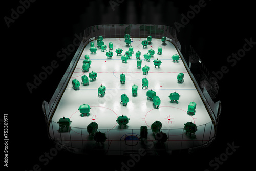 Automated Green Robot Figures  Arranged on a Dimly Lit Ice Hockey Rink