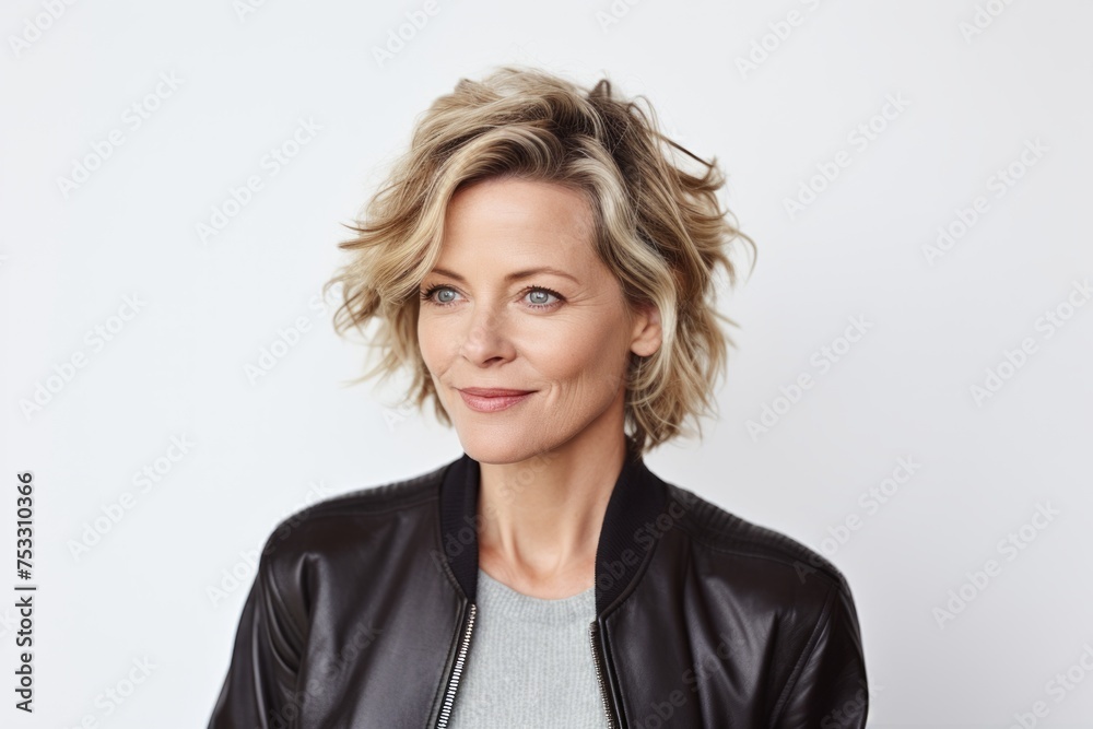 Portrait of a beautiful middle-aged woman with short blond hair in a leather jacket. Portrait of a beautiful middle-aged woman with short blond hair in a leather jacket.