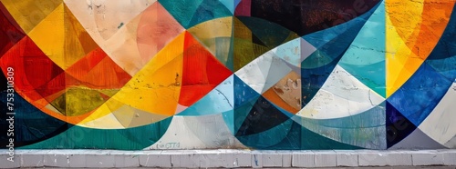An abstract geometric mural featuring interlocking triangles in a kaleidoscope of red, yellow, and blue tones, creating an impactful visual on a concrete wall.