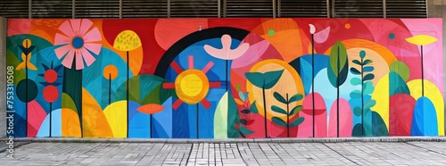 A whimsical  colorful street mural depicting stylized floral and botanical illustrations  evoking a sense of joy and playfulness against an urban backdrop.