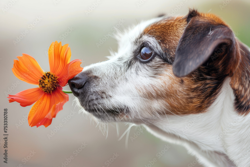 jack russell terrier puppy sniffing a flower - obrazy, fototapety, plakaty 