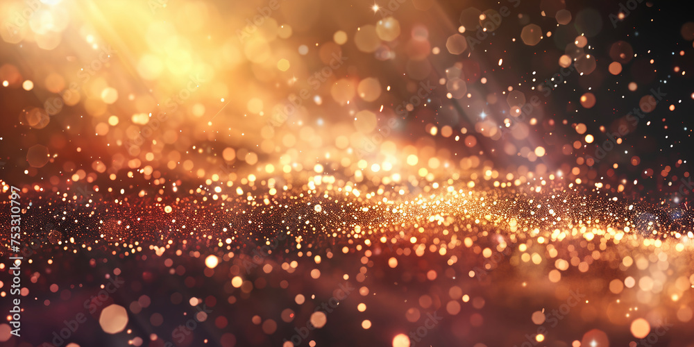 Abstract dark brown and gold particle backdrop. Christmas golden light shed bokeh particles over a background of black. Gold foil appearance. holiday idea, gold glitter minimalist y2k aesthetic - obrazy, fototapety, plakaty 