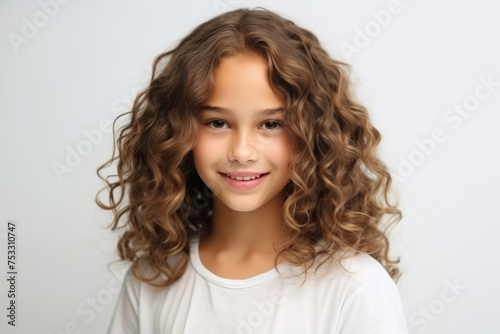 beauty  people and health concept - smiling little girl with long curly hair over grey background