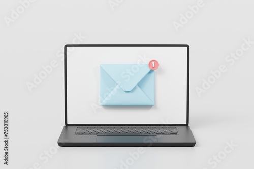 3d Letter or Email envelop with notification unread messages reminder on laptop icon. letter notification. Online mail notification. laptop with envelope and notification badge. 3d render illustration