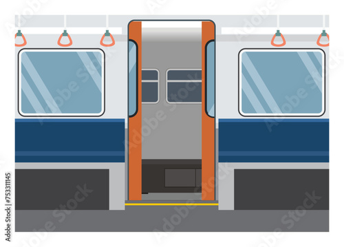Empty commuter train with opened door. Simple flat illustration