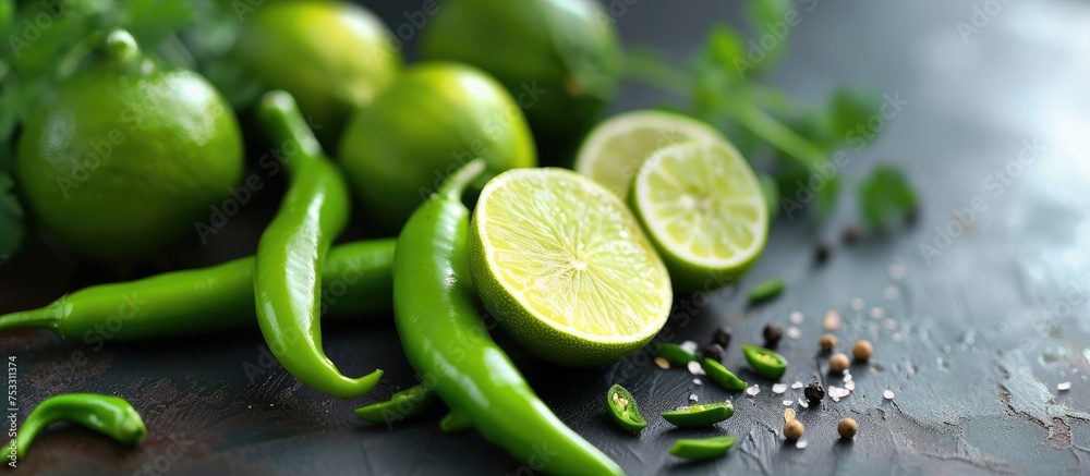 Green peppers and limes on a table, fresh vegetables and fruits, Mediterranean, vegan, vegetarian, slimming, and healthy food options wallpaper - obrazy, fototapety, plakaty 