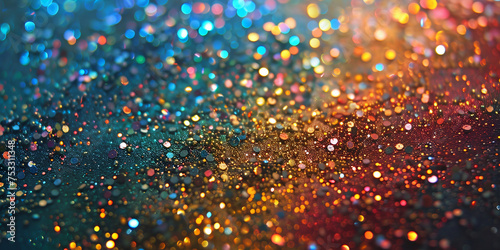 Decoration twinkle glitters background, abstract blurred backdrop with circles, modern design overlay with sparkling glimmers. Blue, teal and golden orange backdrop glittering sparks with glow effect