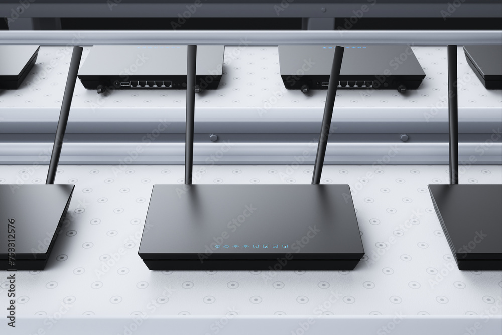 Mass-Produced Wireless Routers on Conveyor System in Tech Factory Stock ...
