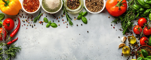 vegetables, spices and herbs on the table with copuly space  photo