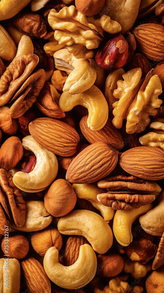 Assorted Mixed Nuts Close-Up of Cashews, Almonds, Pecans, Hazelnuts, Walnuts Background Wallpaper