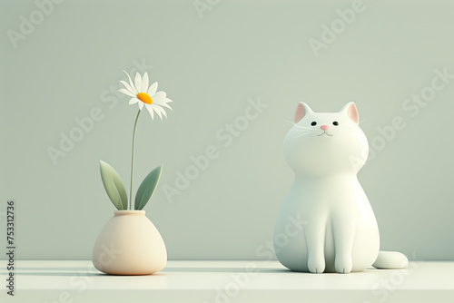 Minimalistic White Cat and Daisy Illustration