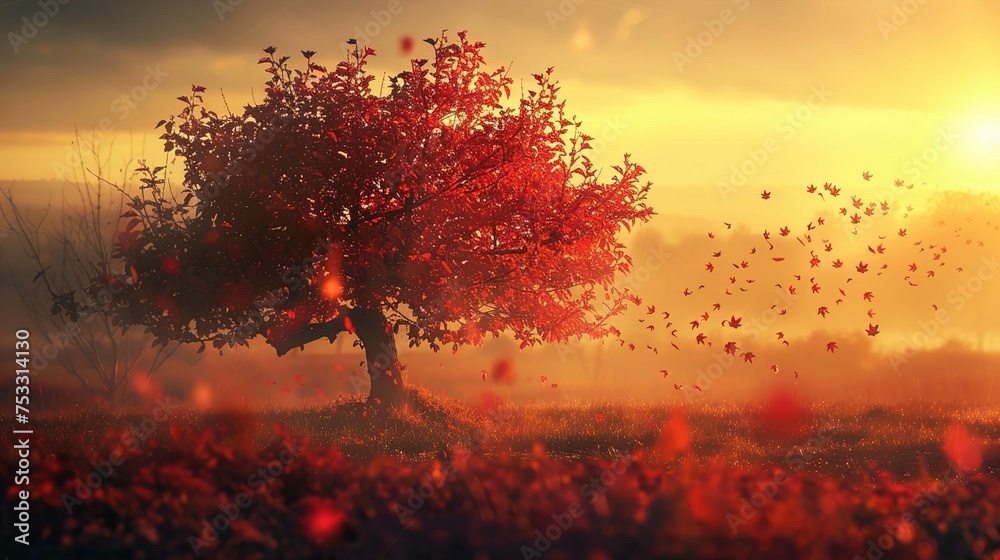 A solitary tree with red leaves stands in a field bathed in the warm glow of a sunset. The sky is a gradient of yellow to orange hues, suggesting it is either sunrise or sunset. Leaves appear to be ge