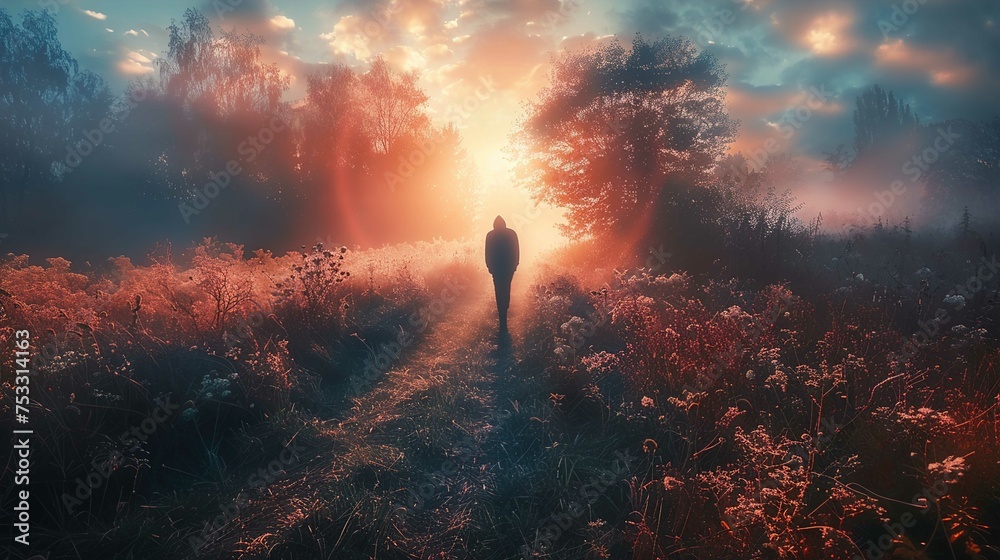 The image features a breathtaking scene of a person standing in the middle of a forested path, with the sun setting or rising directly in front of them, casting a warm and ethereal glow over the lands - obrazy, fototapety, plakaty 