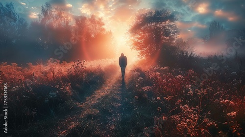 The image features a breathtaking scene of a person standing in the middle of a forested path, with the sun setting or rising directly in front of them, casting a warm and ethereal glow over the lands photo