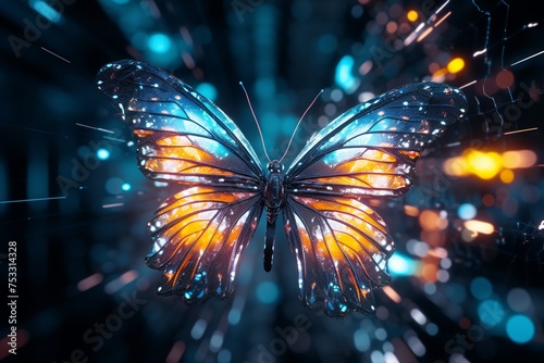 Close-up view of a glowing digital butterfly with bokeh background featuring technology-inspired colors © emmename