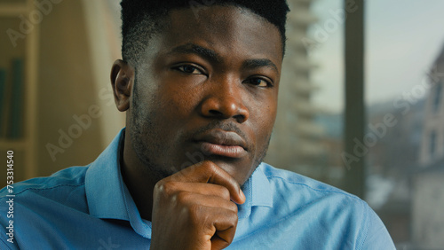 Konstfotografi Head shot African American man ethnic thoughtful businessman think hold hand on