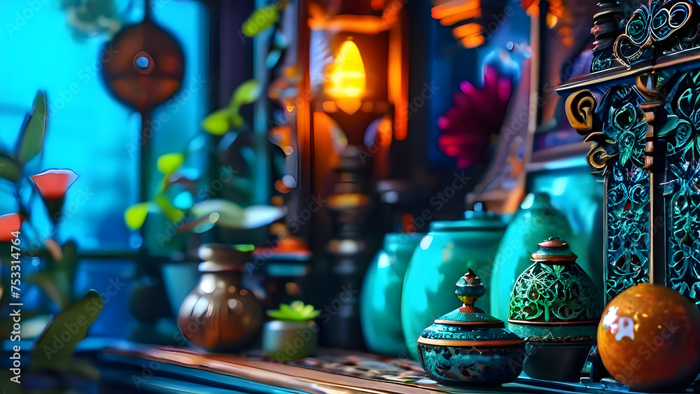 pots in a colorful shop background
