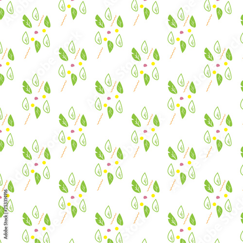 Daun pola mulus, cabang alami dedaunan, daun hijau, herbal, latar belakang Vektor berwarna putih photo