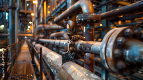 A detailed view of the rusty pipeline and pipe rack within an industrial facility designed for the transportation of petroleum, chemicals, hydrogen, or ammonia