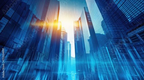 Picture of modern skyscrapers of a smart city Futuristic financial district with buildings and reflections Blue background for corporate and business templates