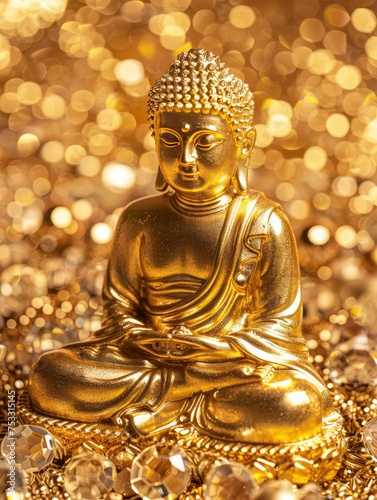 A golden Buddha statue in a golden background, clear, cute and dreamy, sparkling, I can't believe how beautiful this is, poolcore, copy space - generative ai © Nia™