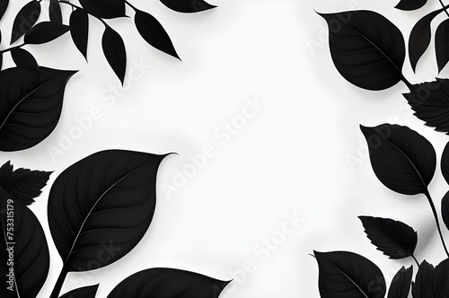 Black leaves frame on white background, contrast colors, wallpaper frame