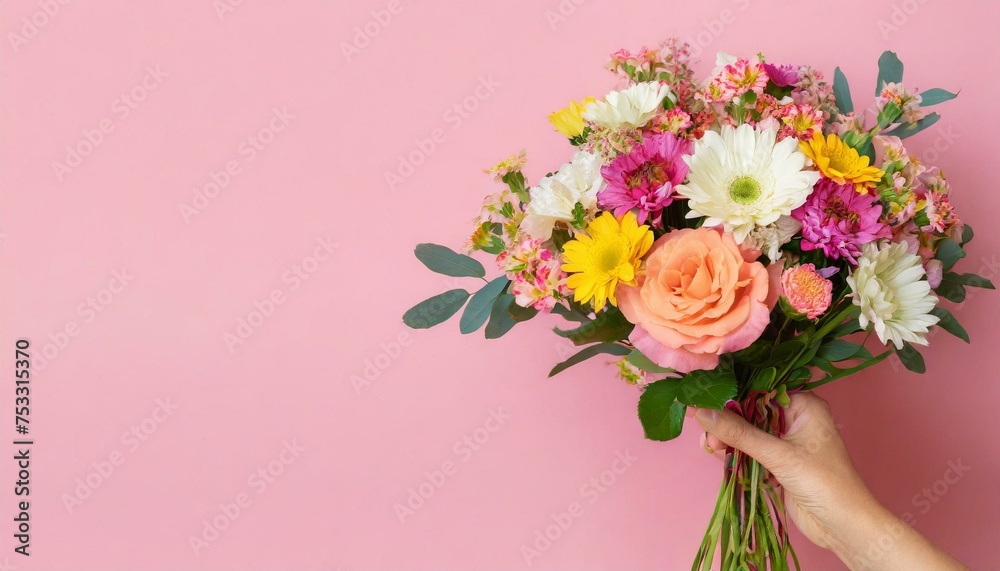 Female hand with bouquet of beautiful flowers on pink color background, text space 