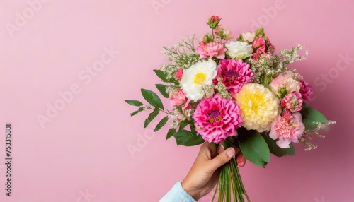 Female hand with bouquet of beautiful flowers on pink color background, text space