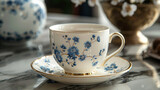 Porcelain teacup with blue floral design