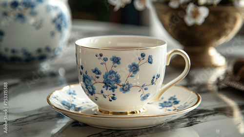 Porcelain teacup with blue floral design