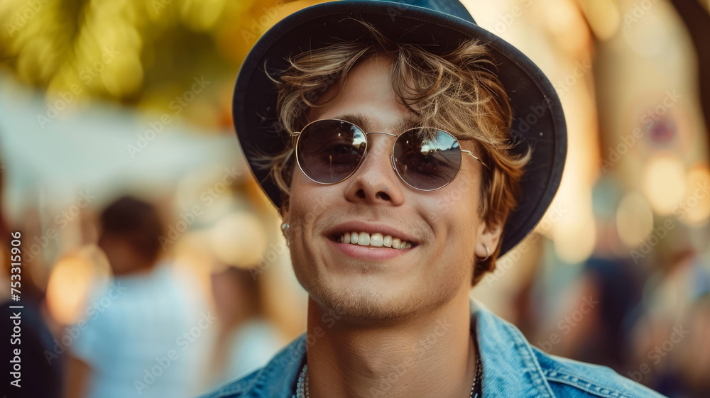 Young man with hat and sunglasses smiling