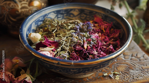 the herbal ingredients of a homemade potpourri by arranging them in a decorative bowl