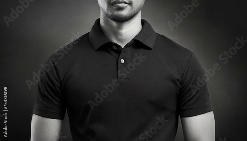 Template black Polo shirt concept closeup front view. Polo T-shirt mockup with empty space on collar for your brand