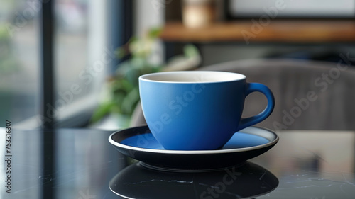 A blue cup of coffee on a table
