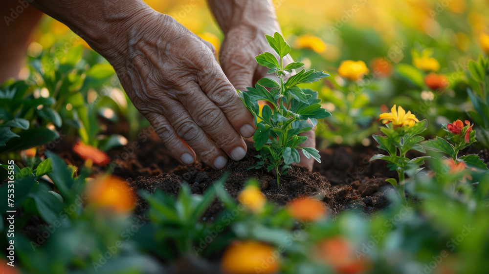 Hands planting flowers in soil.