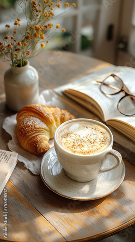 Cozy Morning Coffee with Croissant and Book