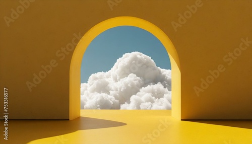Abstract minimal yellow background with white clouds flying out the tunnel