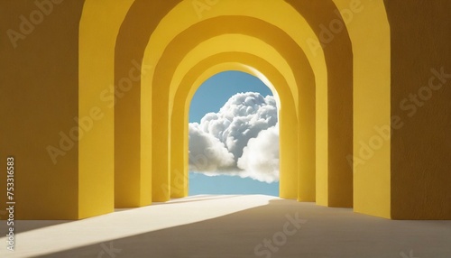 Abstract minimal yellow background with white clouds flying out the tunnel 