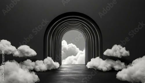 Abstract minimal black background with white clouds flying out the tunnel