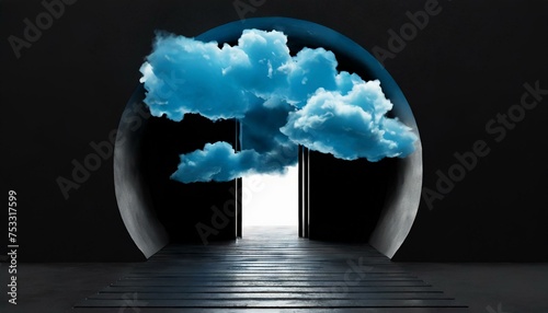 Abstract minimal black background with blue clouds flying out the tunnel