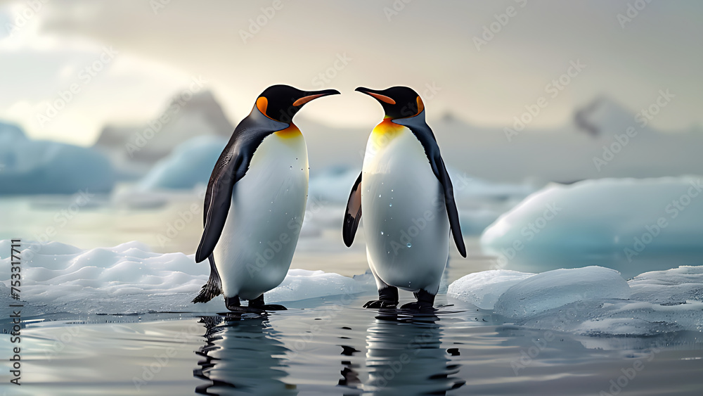 Two penguins standing in the snow, ice island, antarctica.
